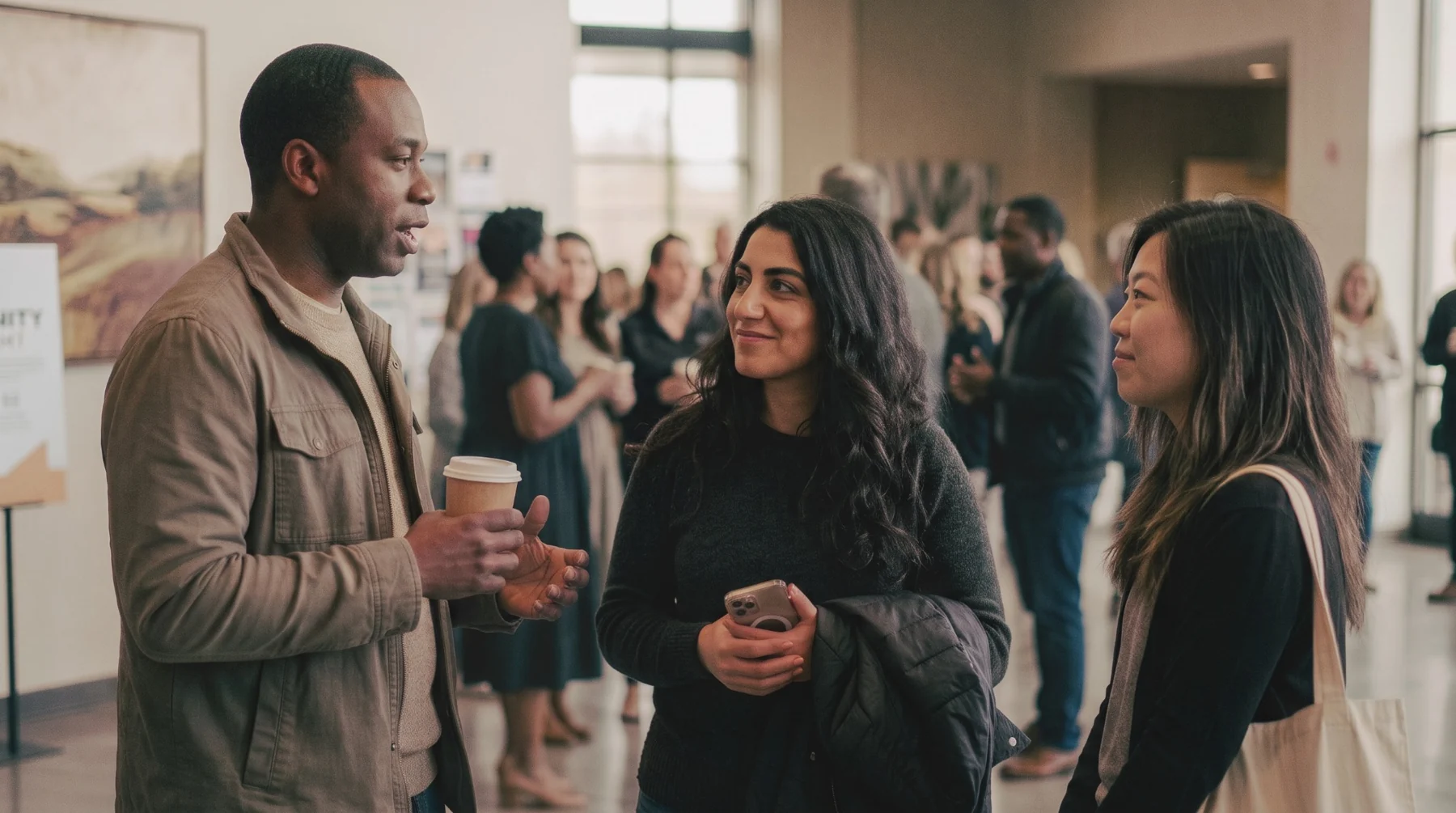 Three churchgoers sharing a warm conversation in the foyer before service