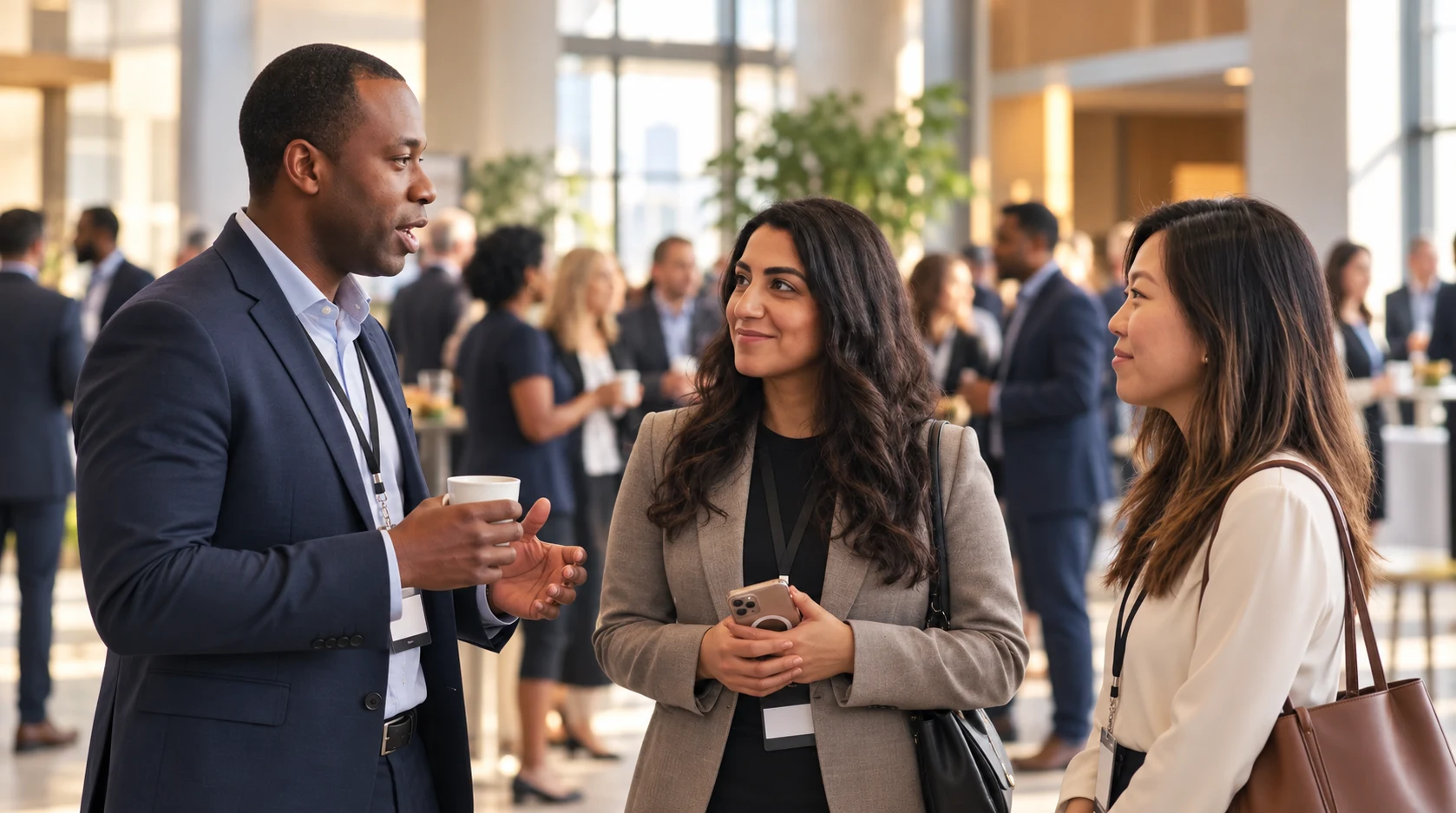International business delegates connecting between conference sessions