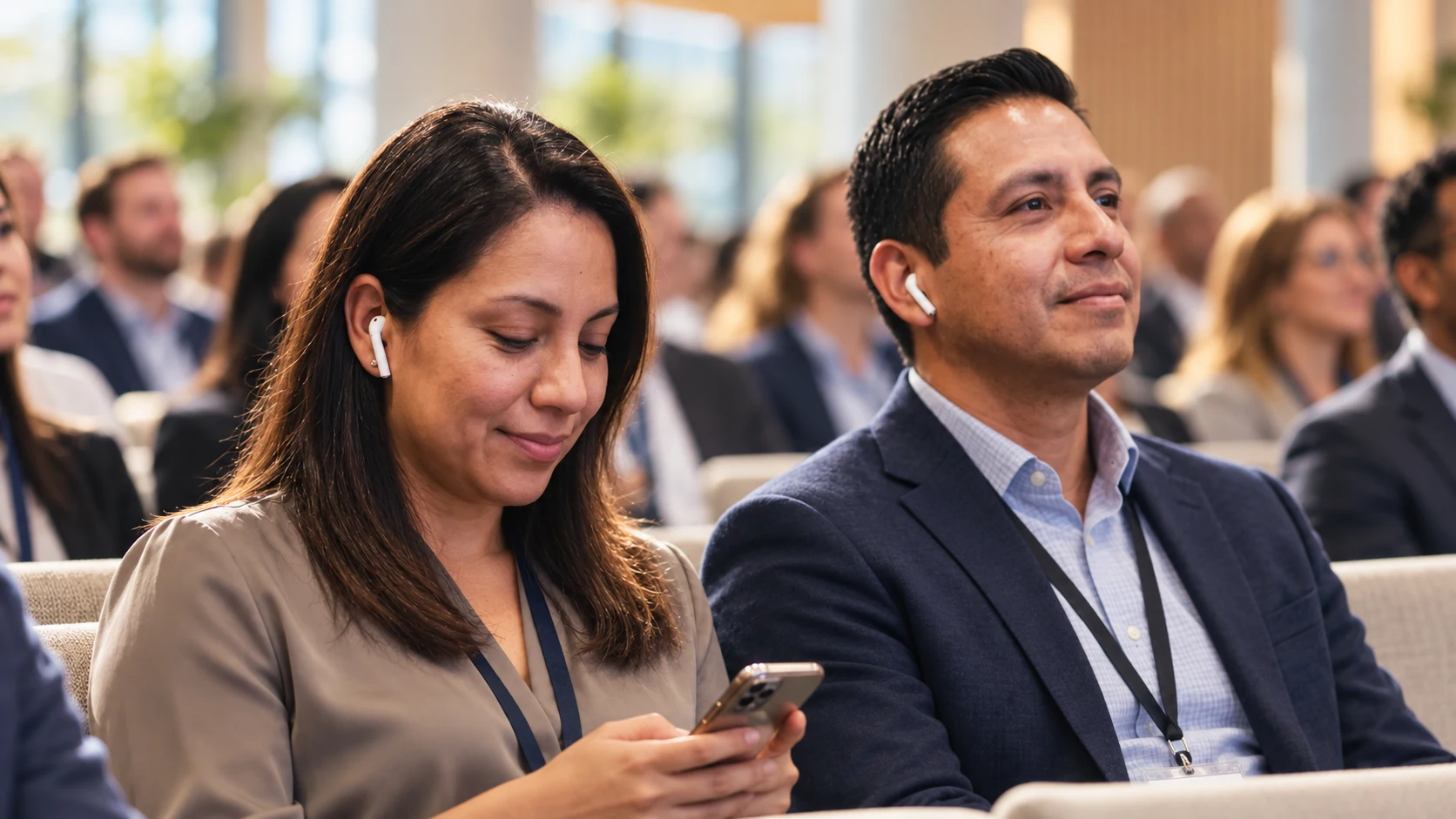 Business conference attendees following a presentation with earbuds and a smartphone